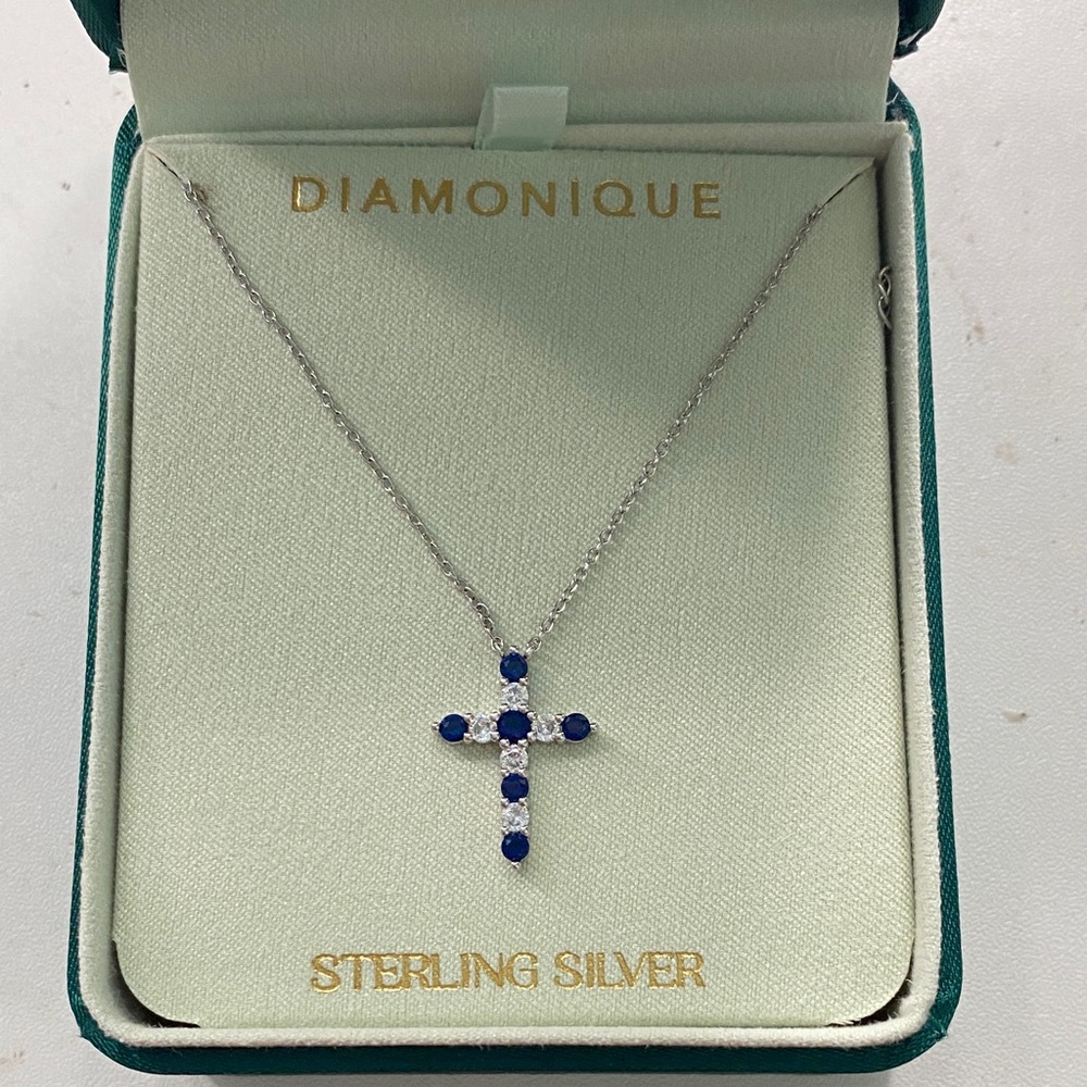 Diamonique Sterling Silver Blue Stone Cross Pendant Necklace
